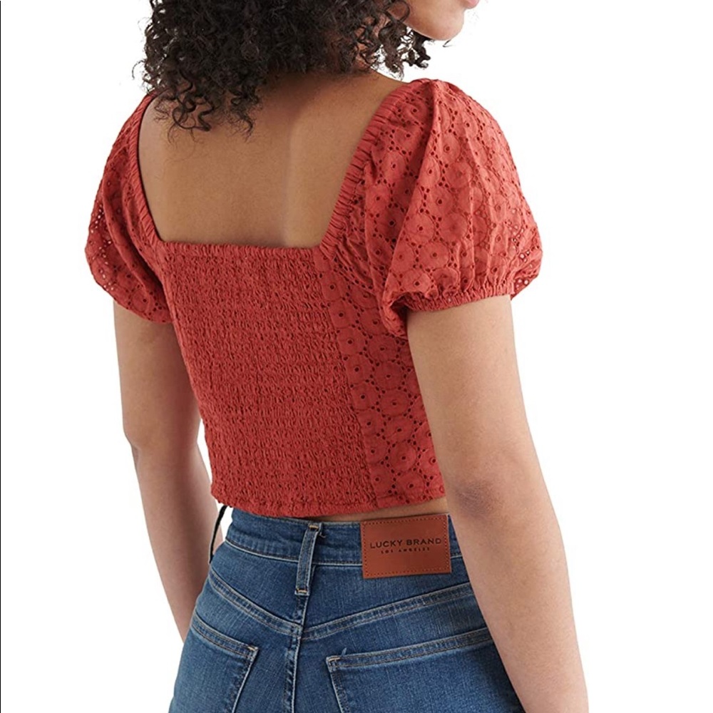Lucky Brand Red Eyelet Button Front Peasant Puff Sleeve Shirt Tandori Spice - Picture 4 of 12